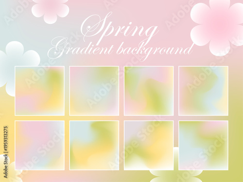 Soft pastel spring gradient background in pink, yellow, blue, and green with floral shapes and square frames. Perfect for presentations, social media, posters, and seasonal templates.