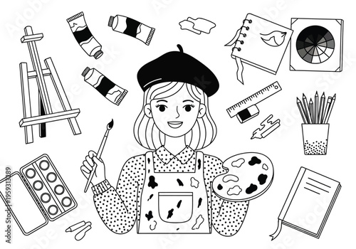 Hand drawn artist girl with painting supplies vector, creative woman painter in beret with easel and palette, black and white art studio illustration