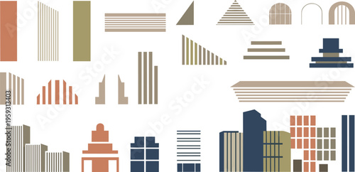 Illustration of Geometric Architectural Shapes and Buildings, Representing Modern Design, Urban Planning, and Cityscape Concepts