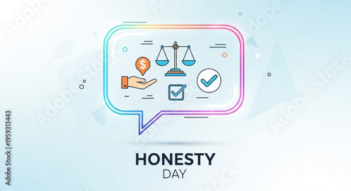 Honesty day concept with speech bubble and symbols of fairness checkmark and balance on a light blue background