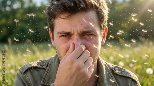 Young man suffering from severe spring pollen allergy or hay fever or Allergic rhinitis, pinching nose 