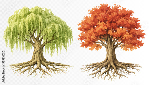 Pair of detailed watercolor trees with visible roots in willow and autumn styles, realistic botanical clipart for landscape design, seasonal nature graphics and educational projects. Vector