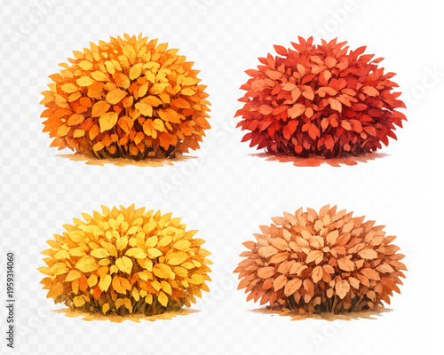 Set of compact autumn bushes in rich orange and golden watercolor hues, decorative seasonal clipart collection for fall landscaping, harvest graphics, garden borders and nature design. Vector