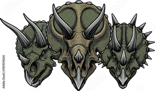 Three fierce dinosaur skulls side by side vector illustration