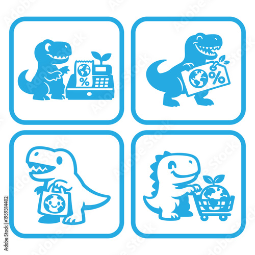 Cute T Rex Earth Day Shopping Icon Set