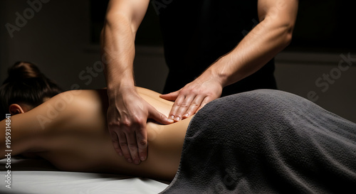 Therapist massaging woman's back on a massage table with dim lighting