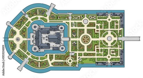 Top-down vector illustration of a medieval castle with a moat, formal gardens, bridges, and intricate landscaping, ideal for historical maps and architectural designs