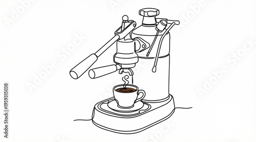 Espresso machine preparation showing steaming cup of coffee. Minimalist continuous one line drawing. Barista style beverage brewing art. Graphic illustration of cafe equipment.