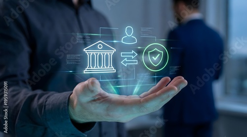 A person in a business setting interacting with a digital interface for secure banking and identity verification.