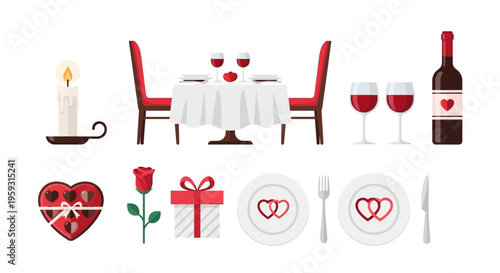 Romantic Valentine's Day dinner setting with gifts, wine, and dessert for a special celebration