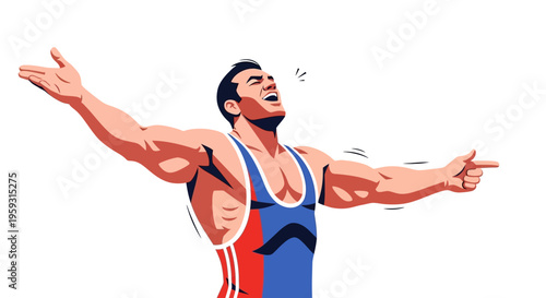 Energetic male athlete celebrating a significant victory with open arms and a triumphant expression, showcasing strength and dedication in competitive sports