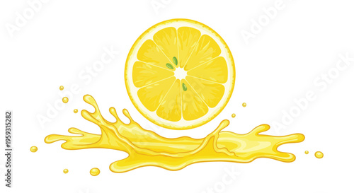 Vibrant yellow lemon half with juicy splash vector illustration, fresh citrus fruit slice with liquid drops, ideal for healthy drink packaging, food branding, and summer beverage designs
