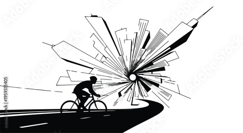 Cyclist rides on a path towards a dynamic, abstract cityscape.