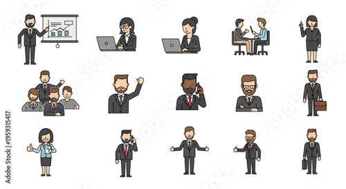 Collection of Business Professionals and Office Scenarios as Flat Design Icons