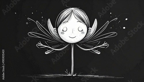 Dark Botanical Angelica Flower Character, Eerie Symmetrical Branching Arms in Clean Lines, Gothic Nature Spirit Illustration, Moody Monochrome Fine Art on Black Backdrop, Ethereal AI