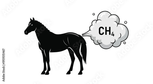 Black horse emitting methane (CH4) gas from its rear, representing livestock flatulence and greenhouse gas emissions vector illustration