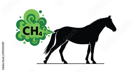 Black horse silhouette emitting green CH4 methane gas cloud from rear, representing environmental pollution and greenhouse effect vector illustration