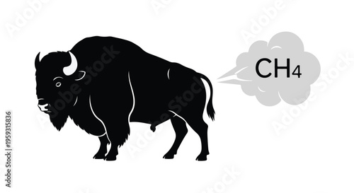 Black silhouette of a bison or buffalo emitting methane gas (CH4) from its rear, symbolizing livestock's environmental impact vector illustration