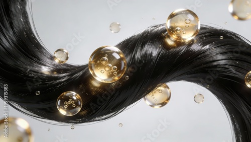 Jet-black hair strands interweave with golden molecular structure nourishing liquid, intuitively showing the technological nourishment and strong glossy texture of hair care, making it a material imag