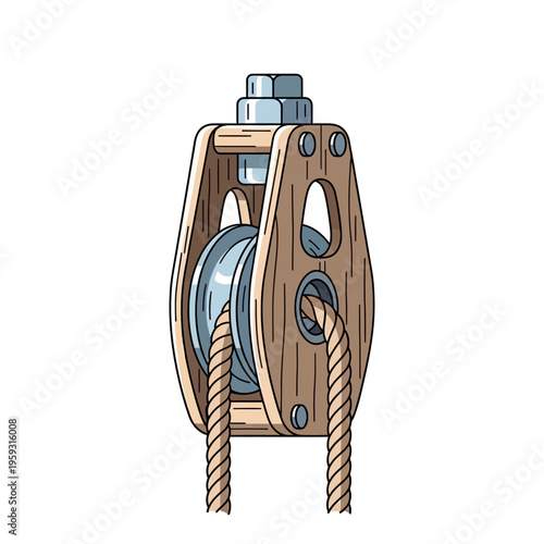 Wooden Pulley System with Rope and Metal.