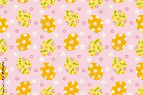 Seamless Easter egg pattern with floral motifs in orange, yellow, pink, and green tones. Perfect for fabric, packaging, and cheerful spring designs.