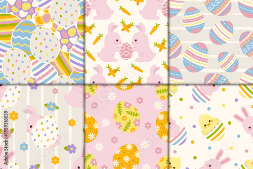 Set of 6 seamless Easter patterns featuring bunnies, eggs, flowers, and pastel elements. Perfect for wrapping paper, fabric, packaging, and seasonal design projects.