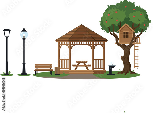 Outdoor Park and Garden Structure Vector Set with Wooden Gazebo Treehouse Picnic Table Park Bench and Vintage Street Lamps for Landscaping Designs