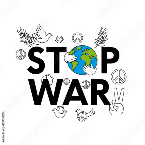 Stop War Peace Symbol Earth Hands Doves Leaves