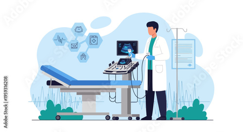 Doctor performing ultrasound scan with modern medical equipment in clinic