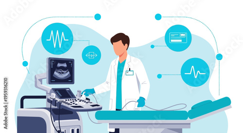Doctor performing ultrasound scan with modern medical equipment and futuristic interface