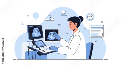 Doctor performing ultrasound scan, medical technology, healthcare, diagnostic imaging, sonography