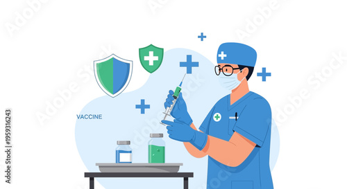 Doctor preparing vaccine injection with medical symbols and vials, healthcare concept