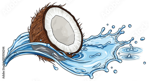 Half coconut with brown husk and white flesh splashing in clear blue water, tropical fruit beverage ingredient vector illustration