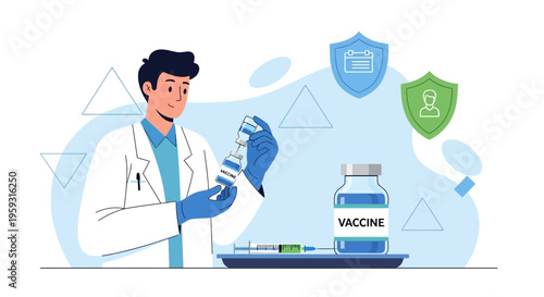 Doctor preparing vaccine injection, medical research, healthcare, immunization concept