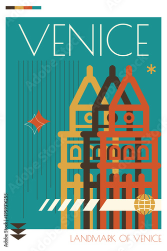 Venice landmark poster in retro futurism style. Vintage printable vector cover, postcard, illustration. Futuristic, halftone Italy city art with monument, tower