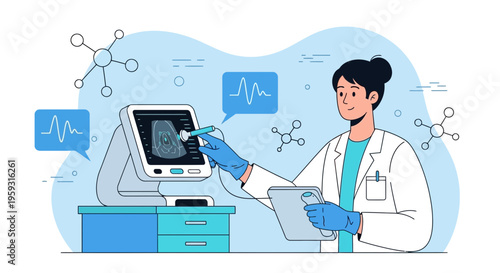 Doctor using ultrasound machine for medical examination, showing fetus image on screen, science concept