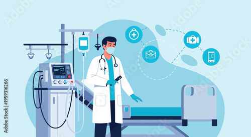 Doctor with Medical Equipment and Icons - Modern Healthcare Technology