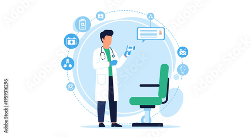 Doctor with thermometer and medical icons, healthcare technology concept