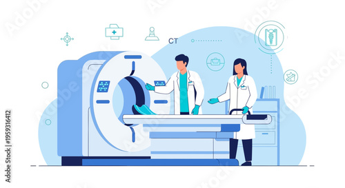 Medical Professionals Operating CT Scanner Machine in Modern Clinic