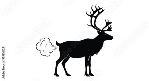 Black silhouette of a reindeer or caribou with large antlers, standing sideways and emitting a cartoon-style white fart cloud from its rear, isolated on a clean white background