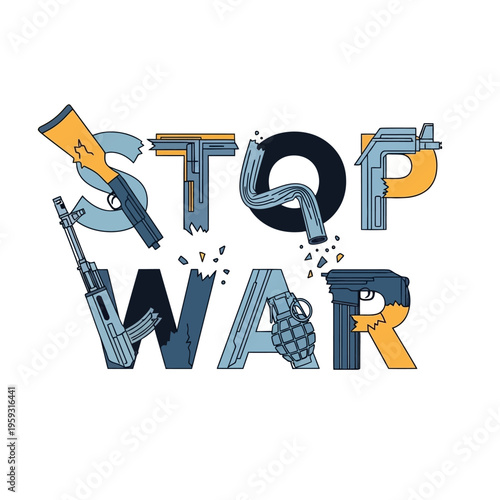 Stop War Text with Weapons on Isolated White Background Vector
