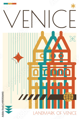 Venice landmark poster in retro futurism style. Vintage printable vector cover, postcard, illustration. Futuristic, halftone Italy city art with monument, tower