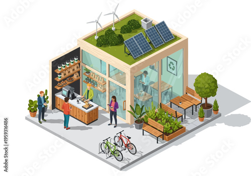 Sustainable building with solar panels, wind turbines, and a green roof, showcasing eco-friendly living and business practices