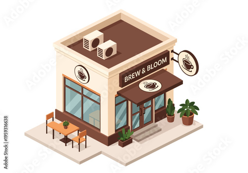 Isometric illustration of a cozy coffee shop with outdoor seating and a sign that says Brew & Bloom