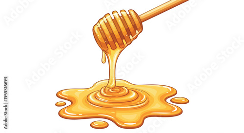 Golden honey dripping from a wooden dipper, forming a sweet puddle. Hand-drawn vector illustration for food, dessert, and breakfast designs.