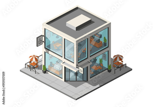 Modern Isometric Building Facade with Outdoor Seating and Large Glass Windows