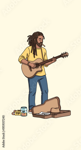 Street musician with dreadlocks playing acoustic guitar and smoking