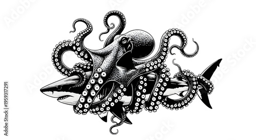 Conceptual Illustration of a Giant Octopus Attacking and Wrapping Tentacles Around a Great White Shark