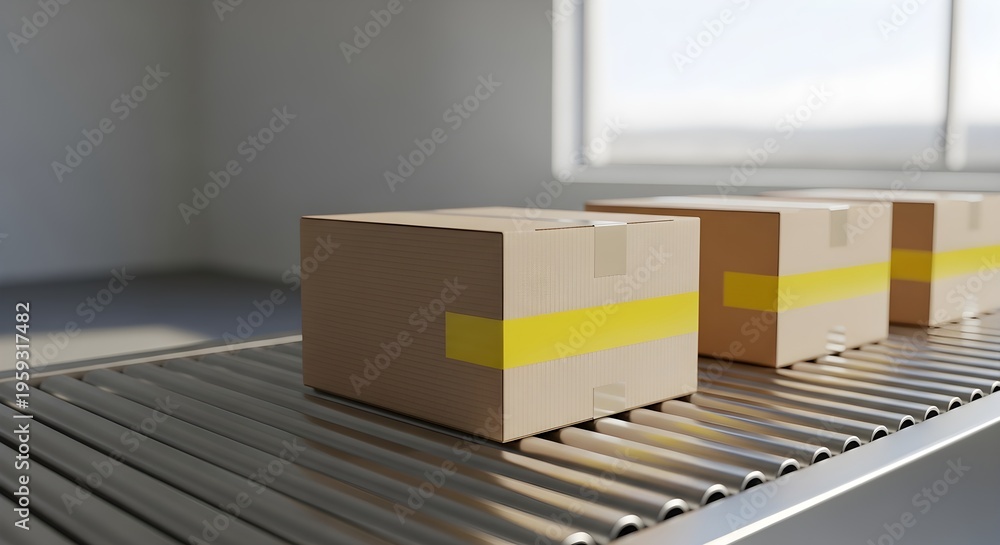 Fototapeta premium Streamlined Logistics Cardboard Boxes Moving on an Automated Conveyor Belt System in a Modern Warehouse