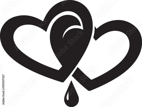 Interlocking black hearts vector illustration with a single teardrop falling from the center Vector, illustration